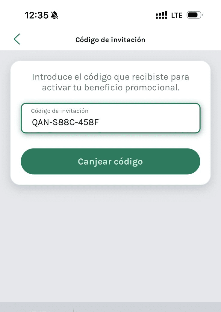 piniela-canje-codigo Pantalla de la app Piniela para canjear un código de invitación empresarial