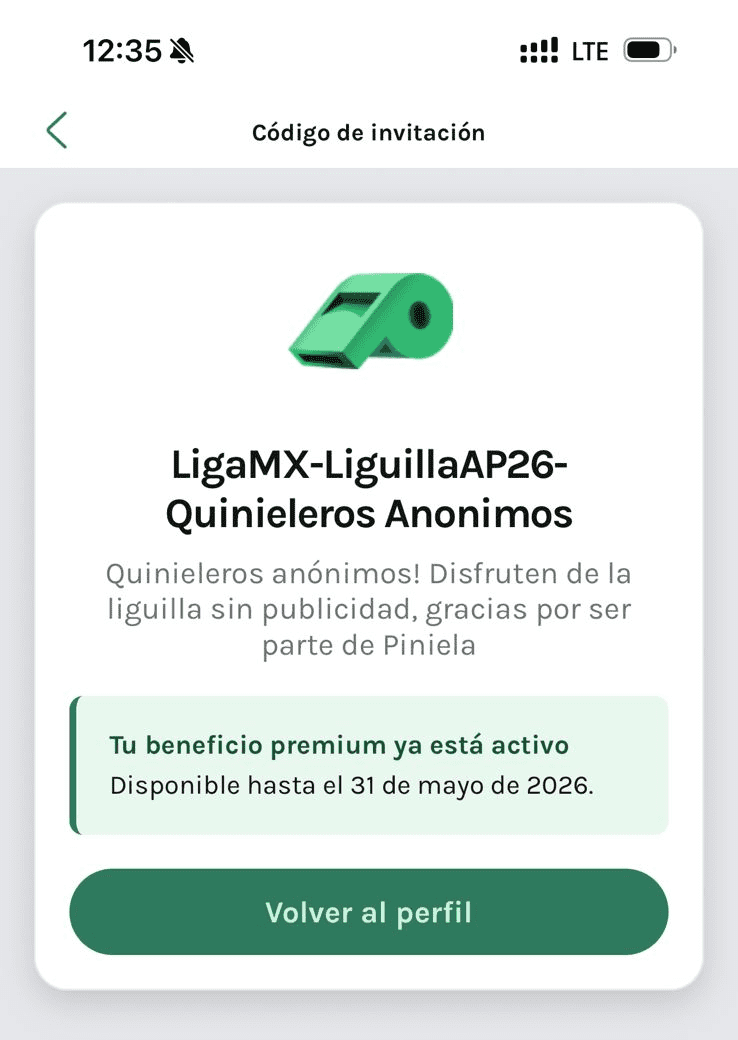 piniela-codigo-activo Confirmación en la app Piniela de beneficio premium activo con mensaje personalizado de la empresa